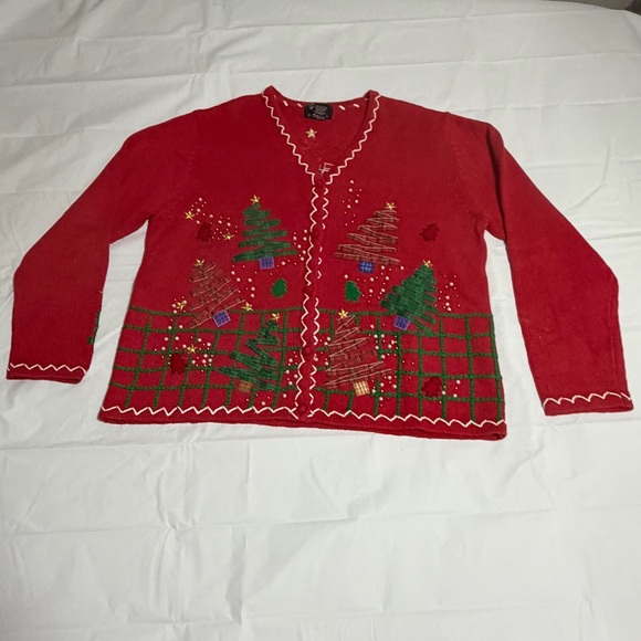 Vtg Original Studio Joy Festive Woman's Ugly Christmas Tree Cardigan Sweater L - Picture 9 of 11